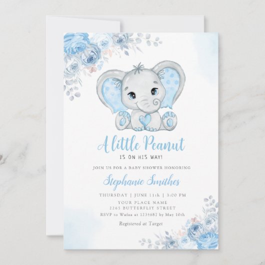 Invitation Petite arachide aquarelle garçon éléphant Baby sho (Devant)