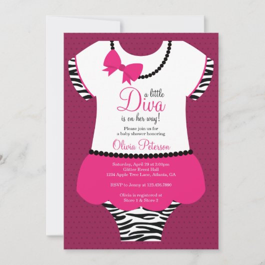 Invitation Petite Baby shower Diva Invitation, Zèbre, Rose (Devant)