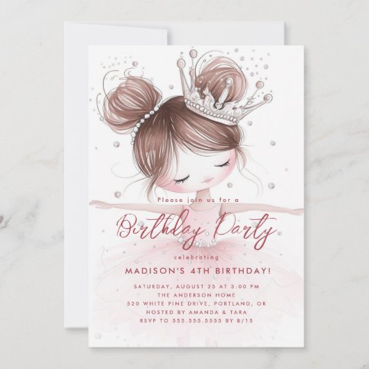Invitation Petite Ballerina avec Couronne rose fête d'anniver (Devant)