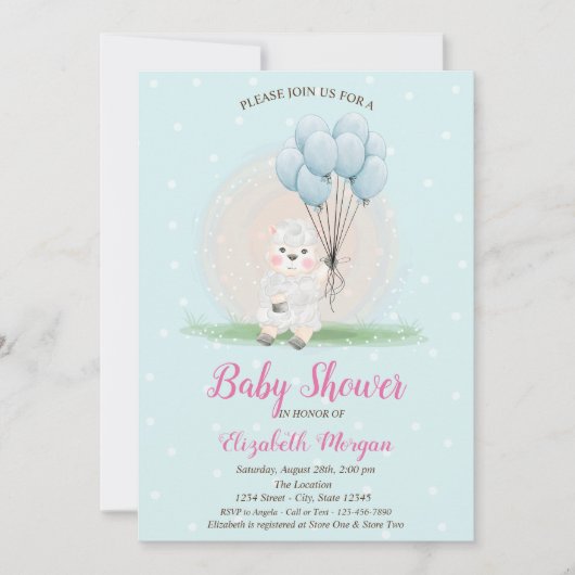 Invitation Petite brebis agneau points bleus Baby Shower (Devant)