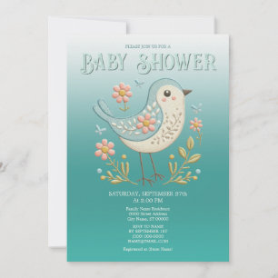 Invitation Petite Broderie Florale d'oiseaux Baby shower vert