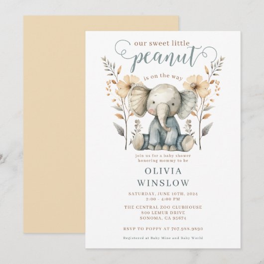Invitation Petite cacahuète bébé éléphant Pêche bleu Baby sho (Devant / Derrière)