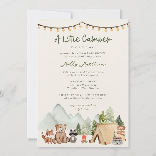 Invitation Petite campeuse Fête de bébé rustique en forêt  (Devant)
