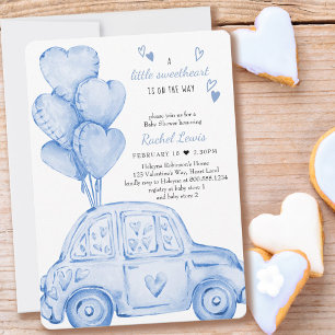 Invitation Petite Chérie Fête Prénatale Voiture Bleue et Ball