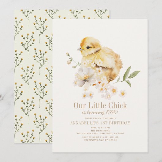 Invitation Petite Chick Aquarelle Florale fille 1er anniversa (Devant / Derrière)