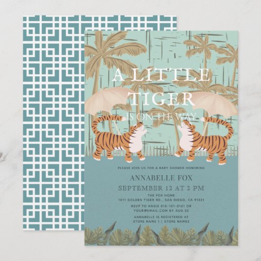 Invitation Petite chinoiserie Tiger Baby shower Bleu Chic (Devant / Derrière)