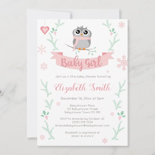 Invitation Petite chouette fille d'hiver bébé douche (Devant)