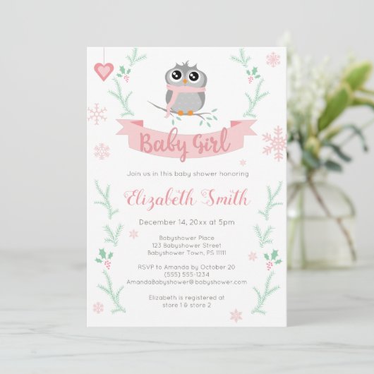 Invitation Petite chouette fille d'hiver bébé douche (Debout devant)