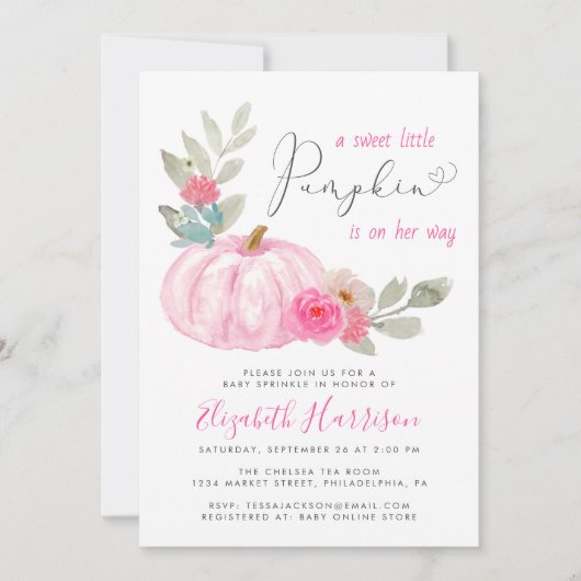 Invitation Petite Citrouille Aquarelle Bébé Fille Parsemer (Devant)