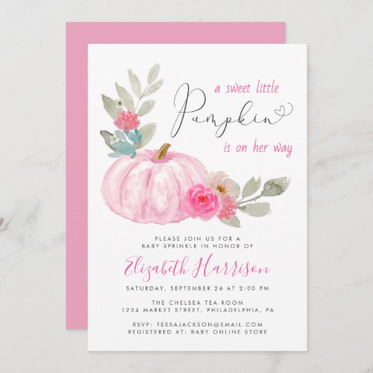 Invitation Petite Citrouille Aquarelle Bébé Fille Parsemer (Devant / Derrière)