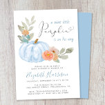 Invitation Petite Citrouille Aquarelle bébé garçon douche<br><div class="desc">Une invitation à la douche pour bébé mignonne et jolie avec "un petit citrouille sucré est en route" écrite dans un mélange de typographie bleue et d'un script gris doux et élégant avec un coeur gonflé, et un bouquet d'aquarelle d'un citrouille bleu pastel, de fleurs orange et de verdure. Personnalisez...</div>