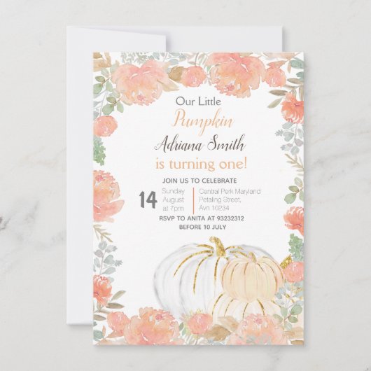 Invitation Petite Citrouille Automne Anniversaire Pastel d'au (Devant)