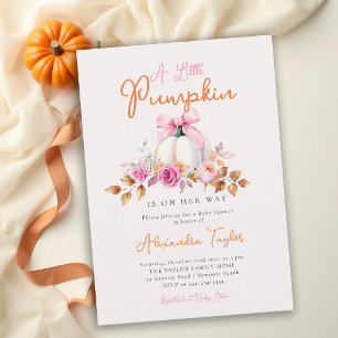 Invitation Petite Citrouille Automne Rose Ruban Mignon Bébé F