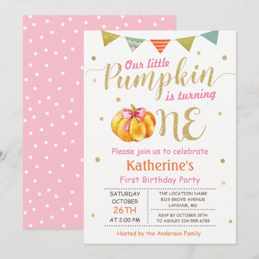 Invitation Petite Citrouille Baby Girl Fête d'anniversaire (Devant / Derrière)