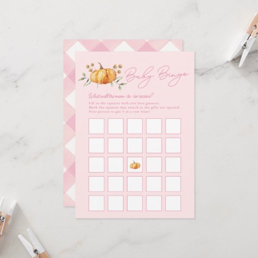 Invitation Petite Citrouille Baby shower Bingo Card (Devant/Arrière en situation)
