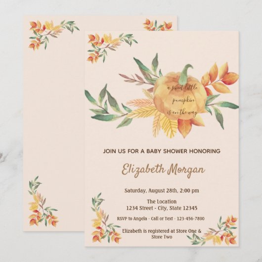 Invitation Petite citrouille, Baby shower Feuille (Devant / Derrière)