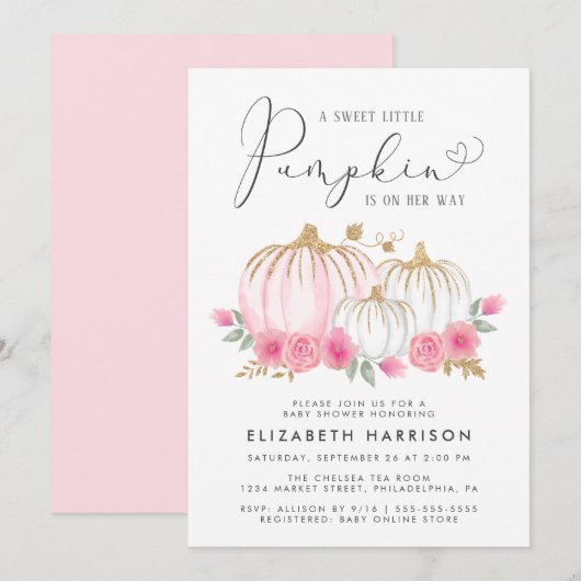 Invitation Petite Citrouille Floral Aquarelle bébé fille (Devant / Derrière)