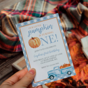 Invitation Petite citrouille pastel bleu camion premier anniv