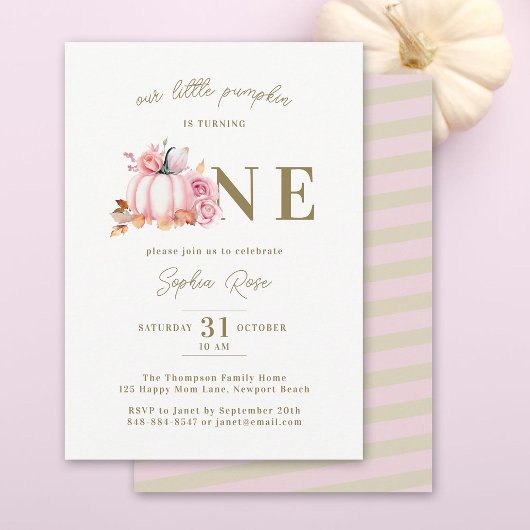 Invitation Petite Citrouille rose aquarelle Roses 1er anniver