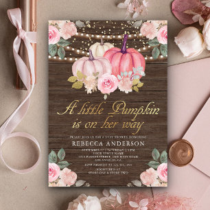 Invitation Petite citrouille rose or floral bois Baby Shower