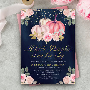 Invitation Petite citrouille rose or floral marine Baby Showe