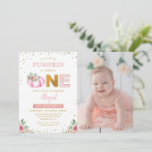 Invitation Petite Citrouille rose or florale 1er anniversaire (Debout devant)