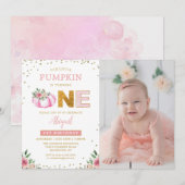 Invitation Petite Citrouille rose or florale 1er anniversaire (Devant / Derrière)