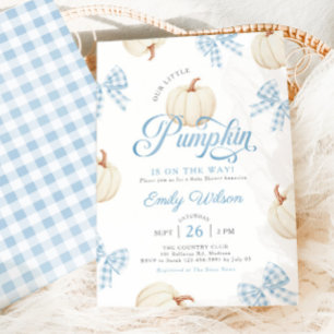 Invitation Petite citrouille rubans gingham bleus Baby Shower