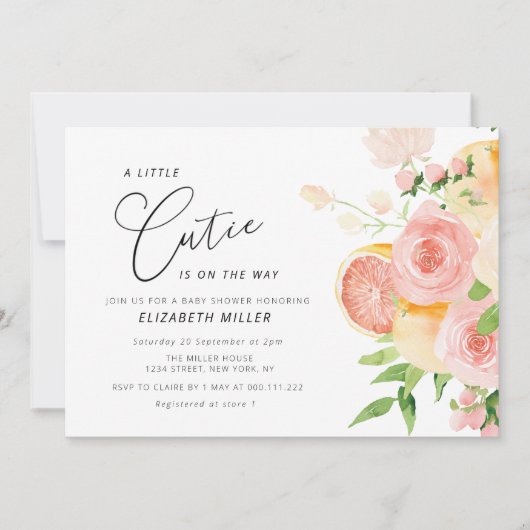 Invitation petite cutie baby shower floral rose (Devant)