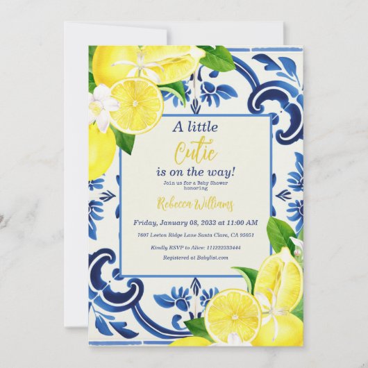 Invitation Petite Cutie Carrelage bleu Citron Baby shower Fru (Devant)