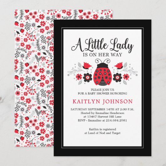 Invitation Petite Dame Ladybug Baby shower Floral Girl (Devant / Derrière)