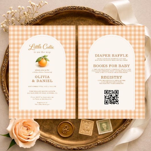 Invitation Petite Douceur Orange Gingham Tout en Un Baby Show