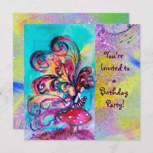 Invitation PETITE ELF DE CHAMPIGNONS, jaune violet bleu étinc (Devant / Derrière)