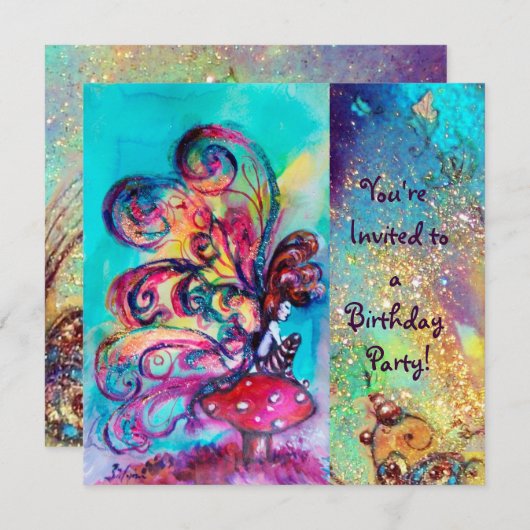 Invitation PETITE ELF DE CHAMPIGNONS, rose jaune bleu étincel (Devant / Derrière)