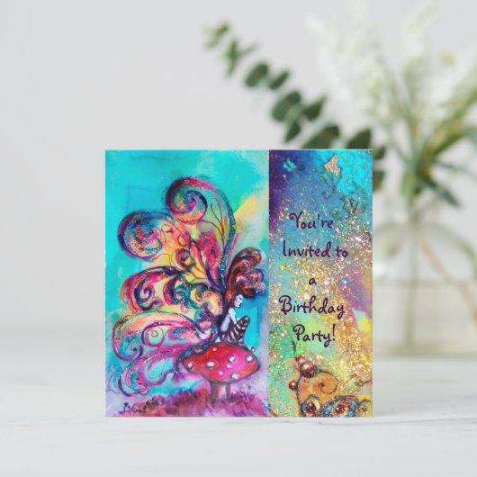 Invitation PETITE ELF DE CHAMPIGNONS, rose jaune bleu étincel (Debout devant)