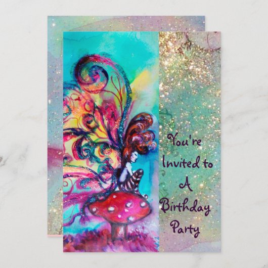 Invitation PETITE ELF DE CHAMPIGNONS, rose jaune bleu étincel (Devant / Derrière)