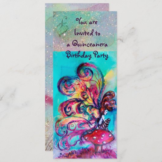 Invitation PETITE ELF DE CHAMPIGNONS, rose jaune bleu étincel (Devant / Derrière)