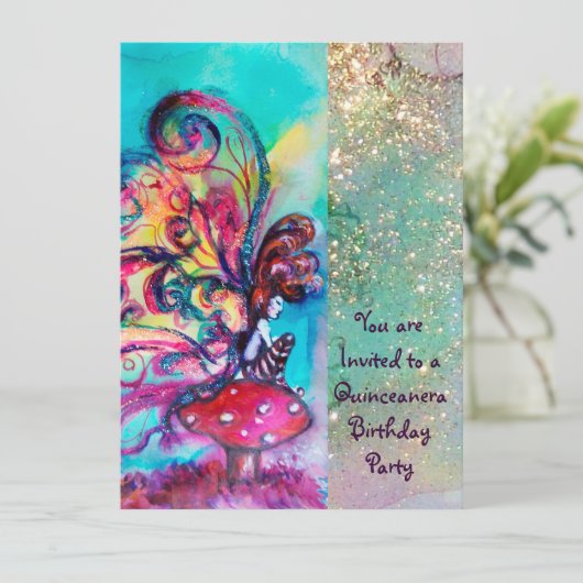 Invitation PETITE ELF DE CHAMPIGNONS, rose jaune bleu étincel (Debout devant)