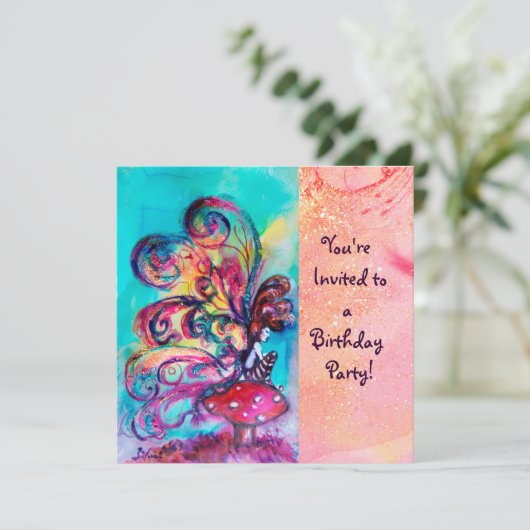 Invitation PETITE ELF DE CHAMPIGNONS, rose jaune bleu étincel (Debout devant)