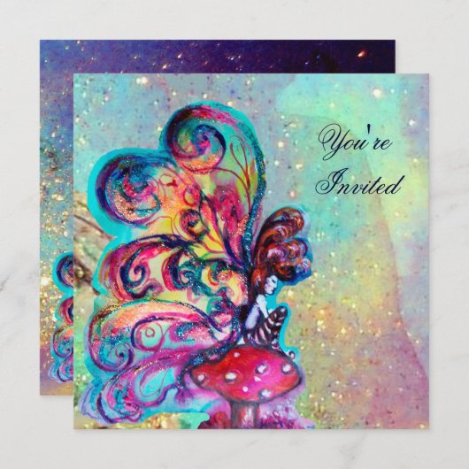 Invitation PETITE ELF DE CHAMPIGNONS, rose jaune bleu étincel (Devant / Derrière)