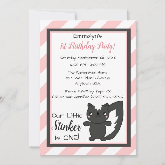 Invitation Petite étincelante rose rayures Skunk premier anni (Devant)
