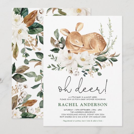 Invitation Petite Faune | Baby shower floral blanc de cerf de (Devant / Derrière)