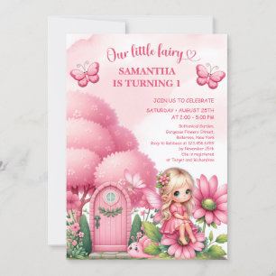 Invitation Petite fée rose assise sur des fleurs anniversaire