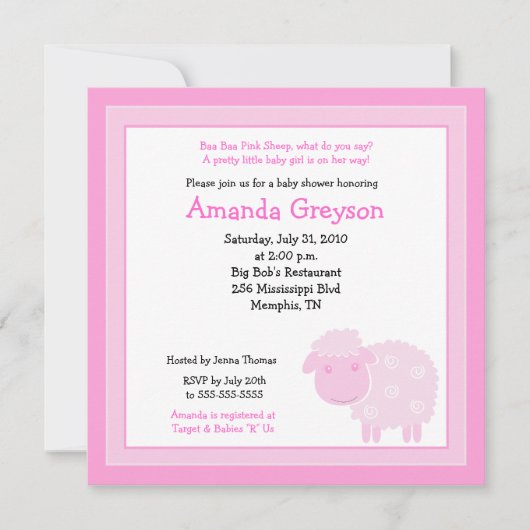 Invitation Petite ferme de moutons roses 5x5 Baby shower Invi (Devant)