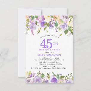 Invitation PETITE Fête d'anniversaire 45 ans Fleurs de rose v