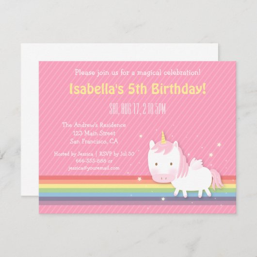 Invitation Petite fête d'anniversaire des filles roses arc-en (Devant / Derrière)