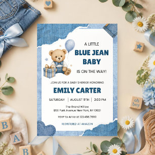 Invitation Petite Fête de Bébé en Jean Bleu Nid d'Ours en D