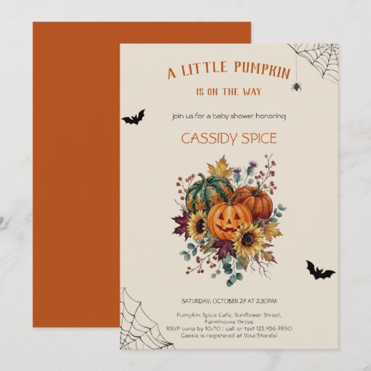 Invitation Petite Fête de Bébé Halloween Rustique de Citrouil (Devant / Derrière)