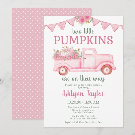Invitation Petite Fête de Bébé Jumelles Citrouille (Devant / Derrière)