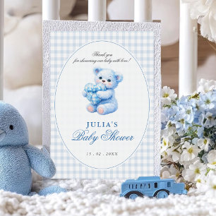 Invitation Petite Fête de Naissance Ourson en Vichy Bleu